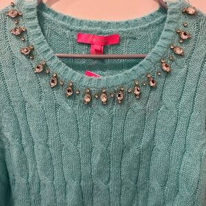Lilly Pulitzer Aqua Knit Sweater with Jeweled Collar